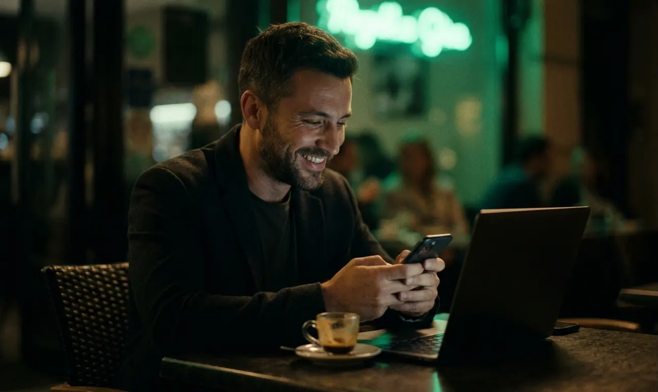 Parceiro sorri enquanto envia o link de indicação pelo celular