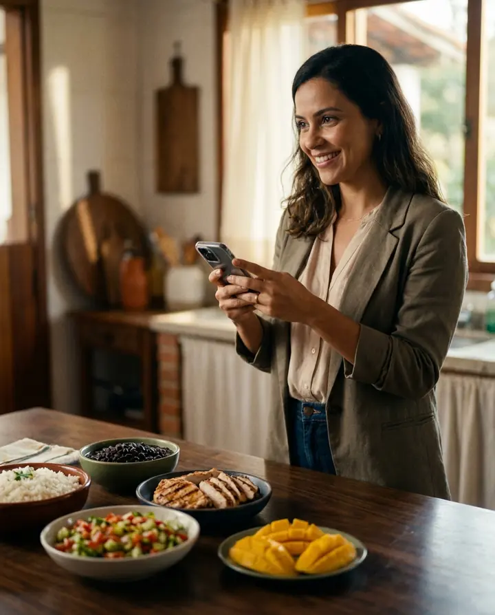 Nutricionista sorri olhando o celular ao lado de pratos saudáveis